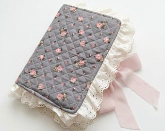 Antique Rose Grey Floral Quilted Bible Cover: Lace Trim with Satin Bow