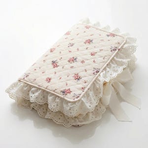 Handmade Quilted Floral Bible Cover with lace Trim, Satin Bow