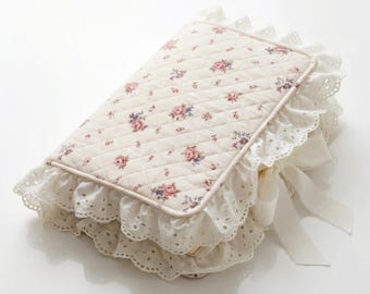 Handmade Quilted Floral Bible Cover with lace Trim, Satin Bow