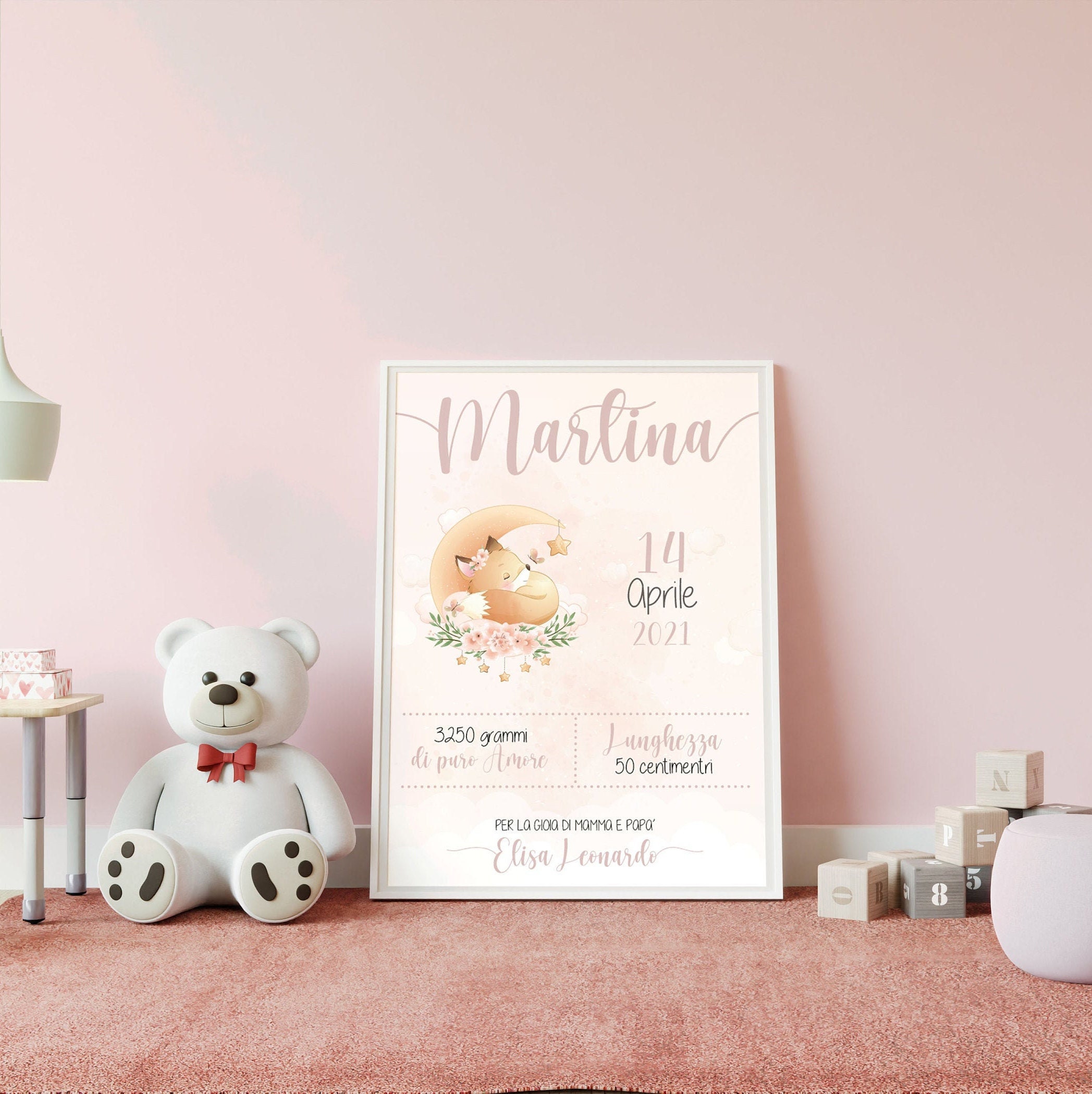 Quadretto Nascita Bimba Personalizzato Con Foto - Tela Cotone Regalo Neonata Per Genitori - Foto 8