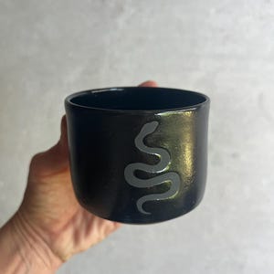 May include: Black ceramic mug with a gray snake design.