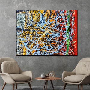 Jackson Pollock Style Painting, Blau Red Orange Abstract Painting, Pollock Oversize Paint, Large Canvas Print, Prints van originele schilderijen