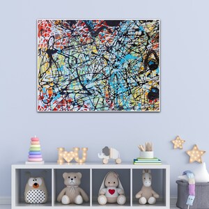 Jackson Pollock Style Painting, Blau Red Orange Abstract Painting, Pollock Oversize Paint, Large Canvas Print, Prints of original paintings