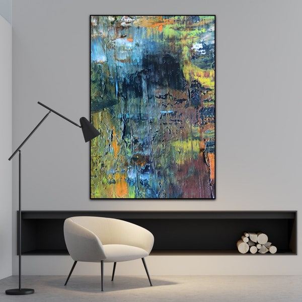 Peinture abstraite, Richter Painting Art, Art abstrait pour la maison, Art abstrait orange vert bleu, Impression de peinture originale, Art industriel