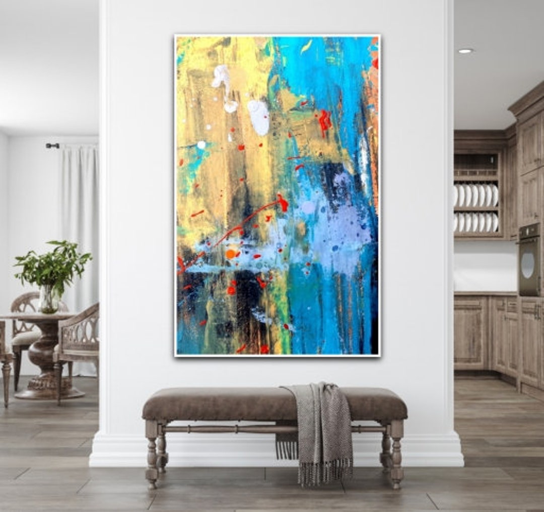 Yellow Blue Modern Wall Decor, Minimal Style Painting, Large Wall Deco