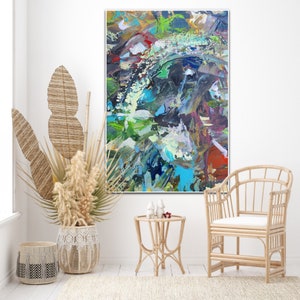 Gray Blue Oversize Abstract Wall Art, Richter style, Home Wall Decor, Large Canvas Painting, Modern Art Painting, Oversize Print of Paint