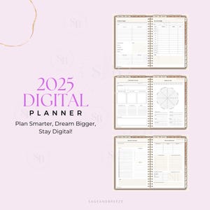 May include: A digital planner for 2025 with a beige and brown cover. The planner includes sections for monthly budgets, weekly schedules, and goal setting. The text "2025 DIGITAL PLANNER" is displayed in pink on the cover. The text "Plan Smarter, Dream Bigger, Stay Digital!" is displayed in black on the cover.