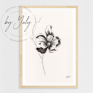 Magnolia Hand drawn Inkt illustratie, Zwarte Inkt Magnolia Wall Art Print, Fine Art Magnolia Bloem tekening, Zwarte Inkt botanische illustratie