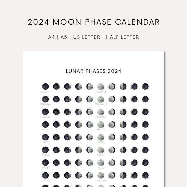 Printable Moon Phase Calendar 2024 Printable Lunar Calendar Digital Lunar Art Download Phases Of The Moon Digital Witch Calendar 2024 Moon