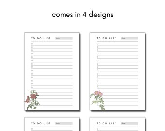 Puede incluir: Cuatro plantillas de lista de tareas imprimibles con ilustraciones florales. Cada plantilla tiene un espacio para la fecha y una lista de elementos para marcar.