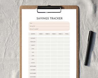 May include: A printable savings tracker with a simple design. The tracker includes sections for the year, what you are saving for, the amount needed, and a monthly breakdown of savings by week.