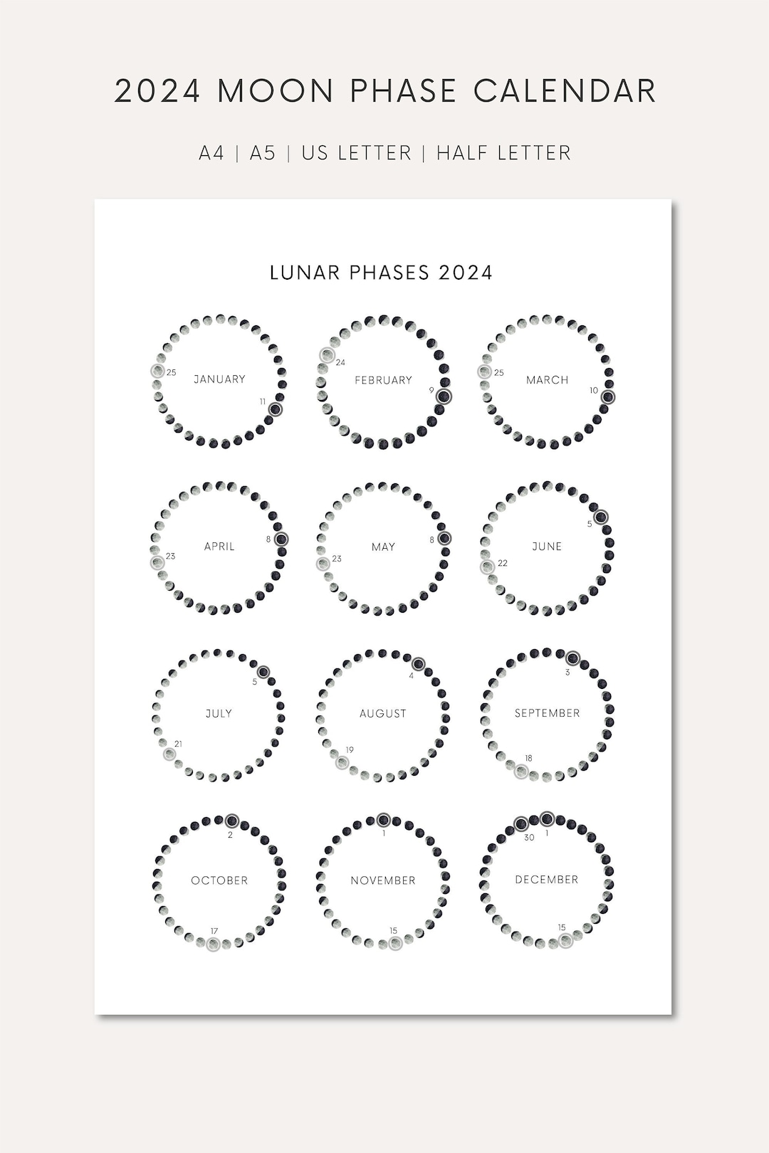 Moon Calendar 2024 Desk Printable Moon Phases Download Moon Journal