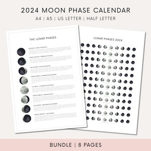 Puede incluir: Un calendario de fases lunares imprimible para 2024 con un diseño en blanco y negro. El calendario incluye un gráfico de las fases lunares para cada día del año. El calendario también incluye una descripción de las fases lunares y sus significados.