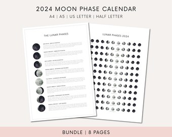 May include: A printable 2024 moon phase calendar with a black and white design. The calendar includes a chart of the moon phases for each day of the year. The calendar also includes a description of the lunar phases and their meanings.