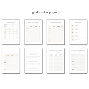 Könnte beinhalten: Ein Satz druckbarer Zielverfolgungsseiten mit Überschriften wie "Projekt-Tracker", "Wöchentlicher Ziel-Tracker", "Lebensziele", "Ziele verstehen", "Aktionsplan-Arbeitsblatt" und "SMART-Ziele".