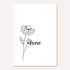Könnte beinhalten: Eine Schwarzweiß-Zeichnung einer Gänseblümchen mit dem Wort "Juni" darunter.