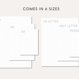Könnte beinhalten: Ein Vergleich von sechs verschiedenen Größen von gepunktetem Papier, beschriftet mit A4, A5, A6, US Letter, Half Letter und Personal.