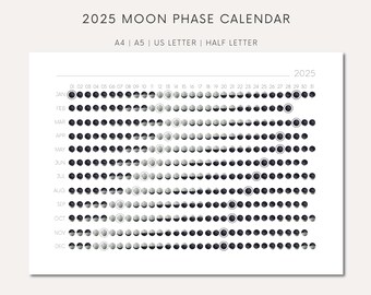 Printable Moon Phase Calendar For 2025 Digital Printable Moon Phases Download Witch Calendar With Moon Phases Printable Lunar Art Download