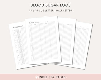 May include: Three printable pages for tracking blood sugar levels. Each page has columns for date, time, before, after, and notes. The pages are labeled "Blood Sugar" and are part of a 32-page bundle.