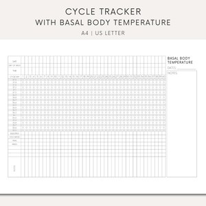 Puede incluir: Un rastreador de ciclo imprimible en blanco y negro con un gráfico de temperatura corporal basal. El gráfico incluye fechas, días de la semana y una sección para notas.