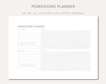 Pomodoro imprimible Descargar Pomodoro Method Tracker Planificador Pomodoro imprimible para la gestión del tiempo Pomodoro digital Pista imprimible Pomodoro