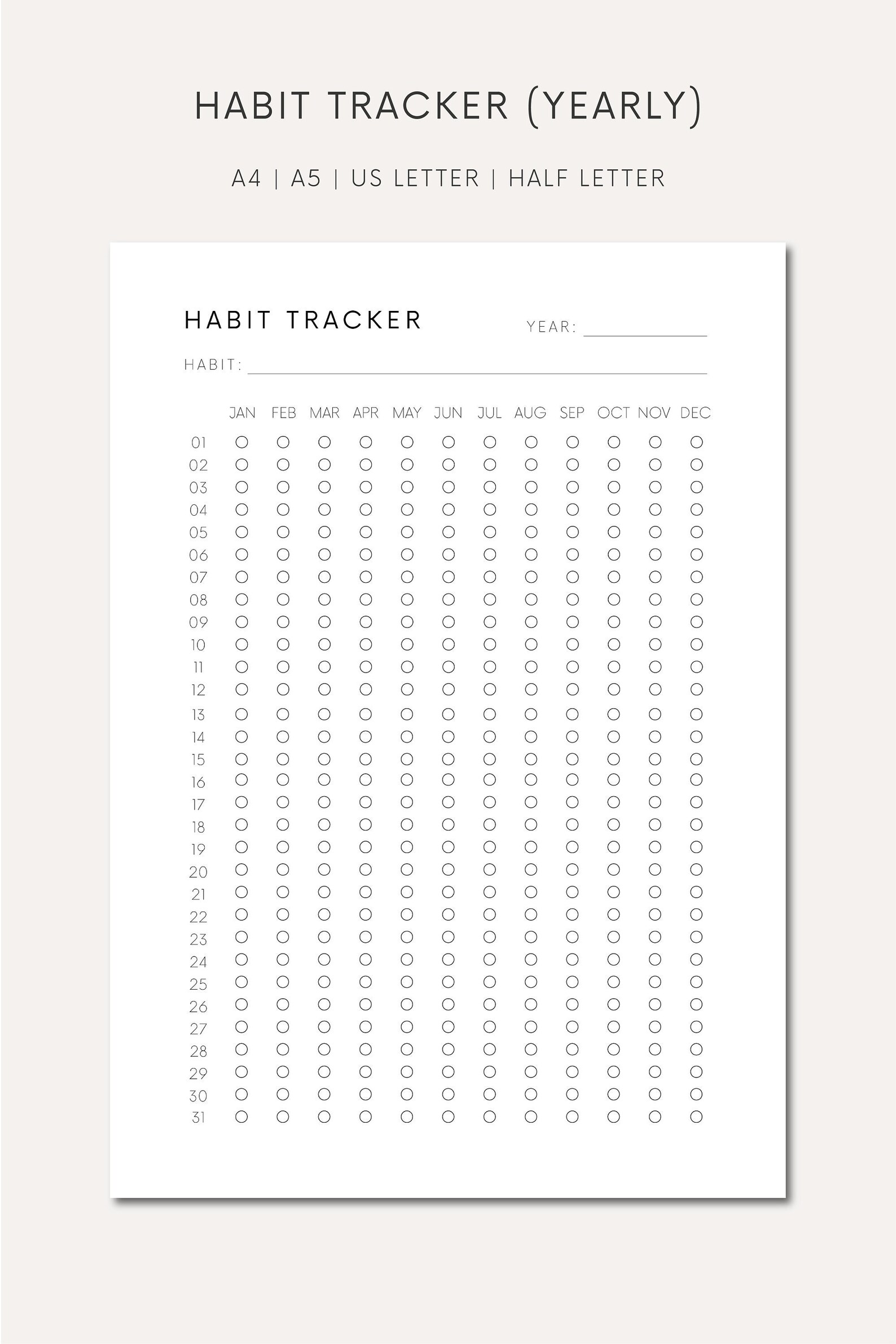 Printable Yearly Habit Tracker A4 Printable Habit Tracker Download ...