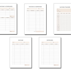 Könnte beinhalten: Fünf druckbare Budget-Tracker-Seiten mit Überschriften für "Einnahmen und Ausgaben", "Spar-Tracker", "Einnahmen" und "Ausgaben". Jede Seite hat ein Rasterlayout mit Spalten für Datum, Beschreibung, Kategorie und Betrag.