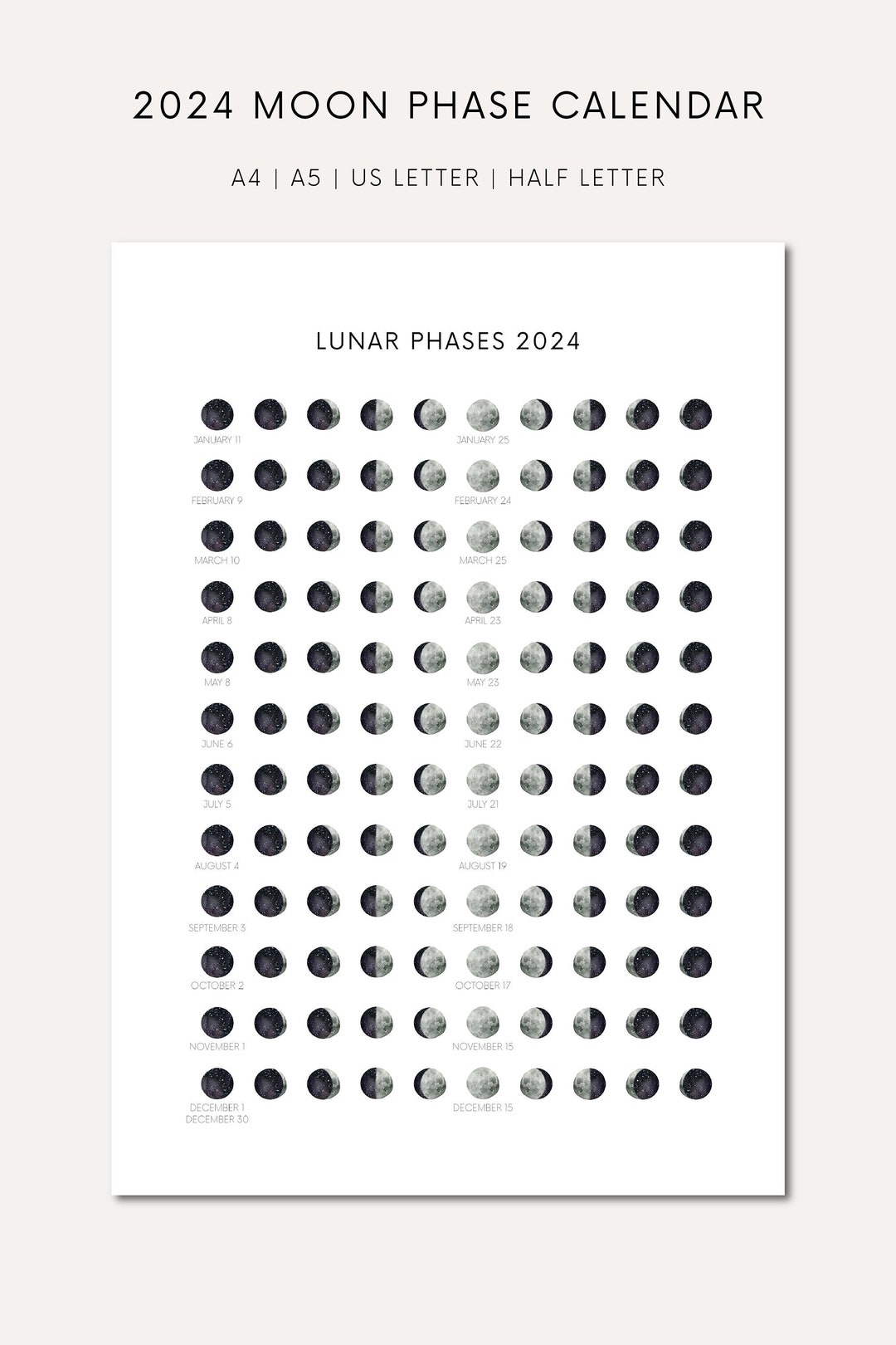 Printable Moon Phase Calendar 2024 Printable Lunar Calendar Digital
