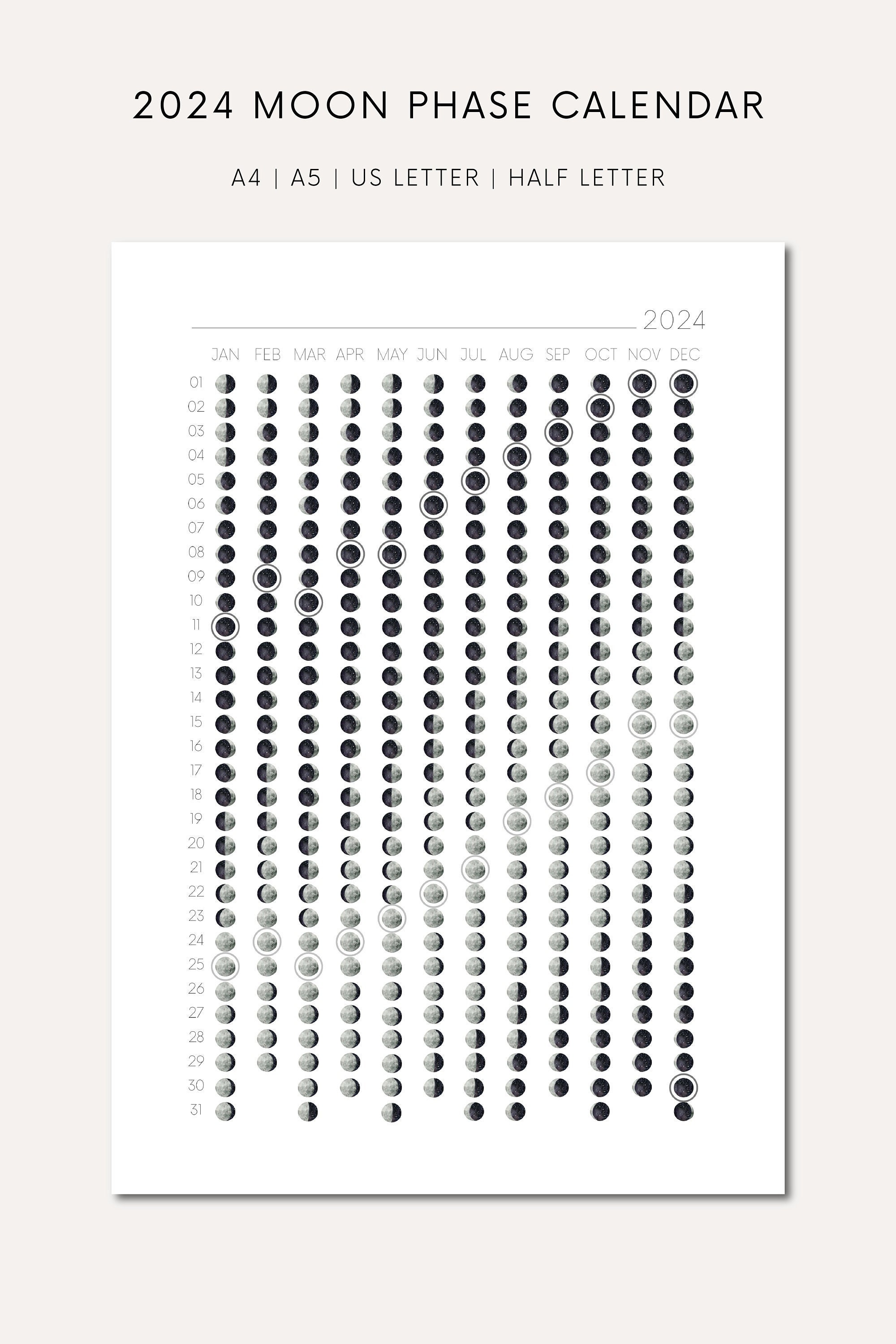 Printable Moon Phase Calendar 2024 Printable Lunar Calendar Digital