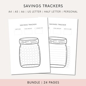 Può includere: Due pagine stampabili per un tracker di risparmi. Ogni pagina presenta un'illustrazione in bianco e nero di un barattolo con un coperchio. Una pagina ha una griglia di cerchi da colorare man mano che si risparmia, e l'altra pagina ha una scala numerata per tenere traccia dei progressi.