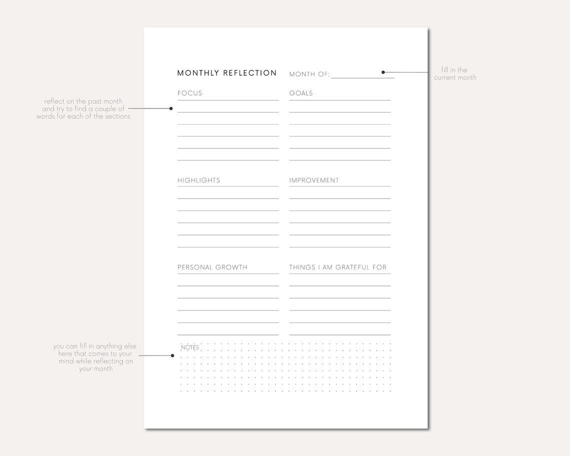 Reflection Journal Printable for A Month of Reflection Digital Monthly Reflection Template ...