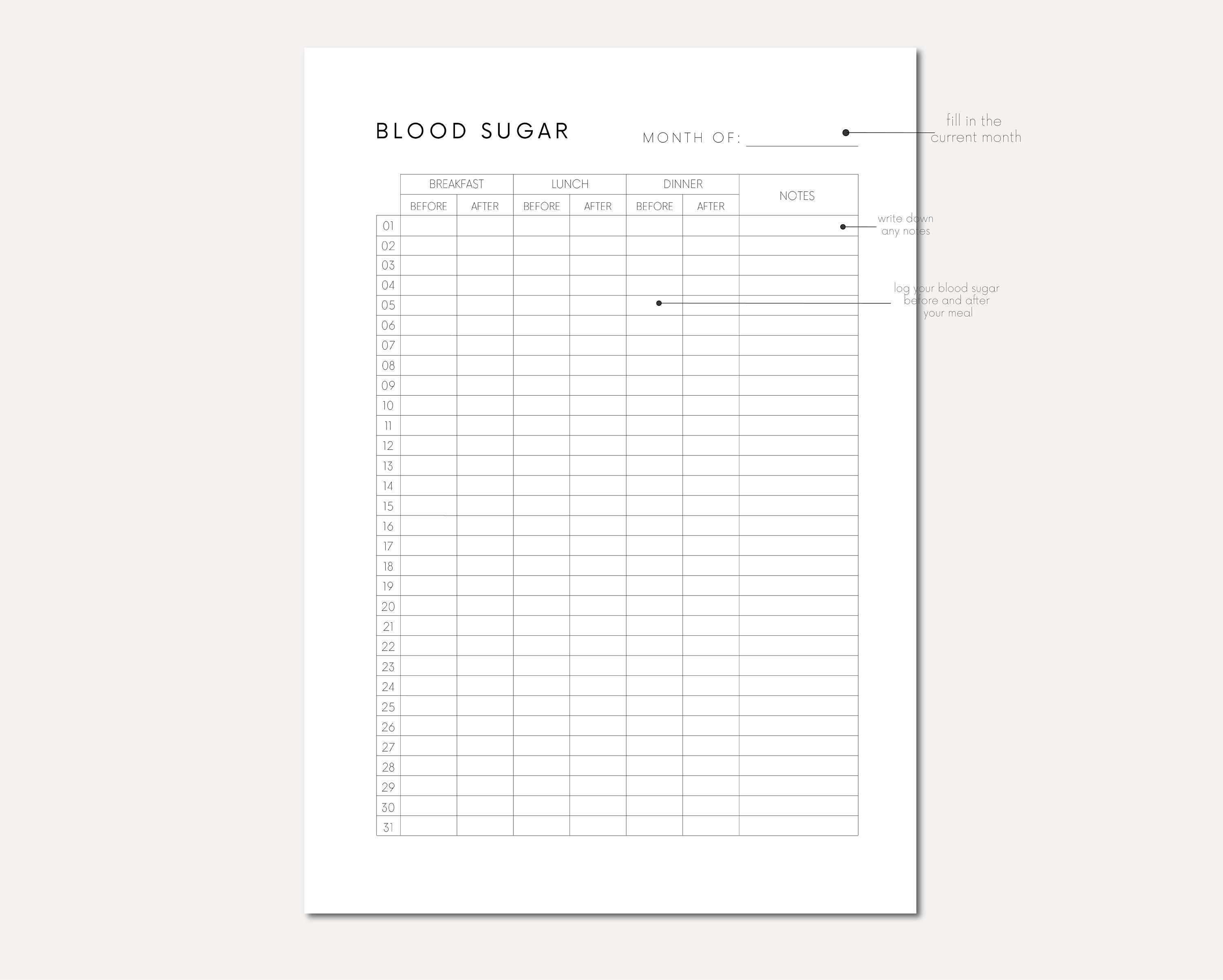Monthly Blood Sugar Log Download Blood Glucose Journal Digital ...