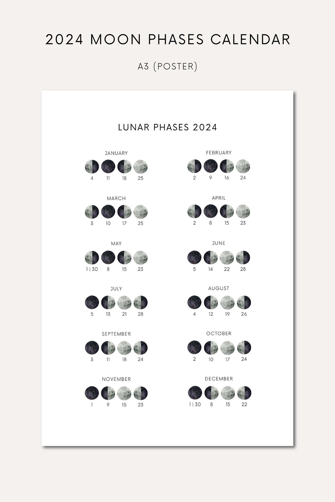Moon Calendar 2024 Printable Lunar Calendar Printable Poster Witch Moon