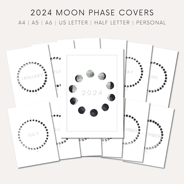 Planner Covers Printable Lunar Planner Cover A6 Printable Phases Of The Moon Calendar B6 Monthly Lunar Phases Calender Insert 2024 Dashboard