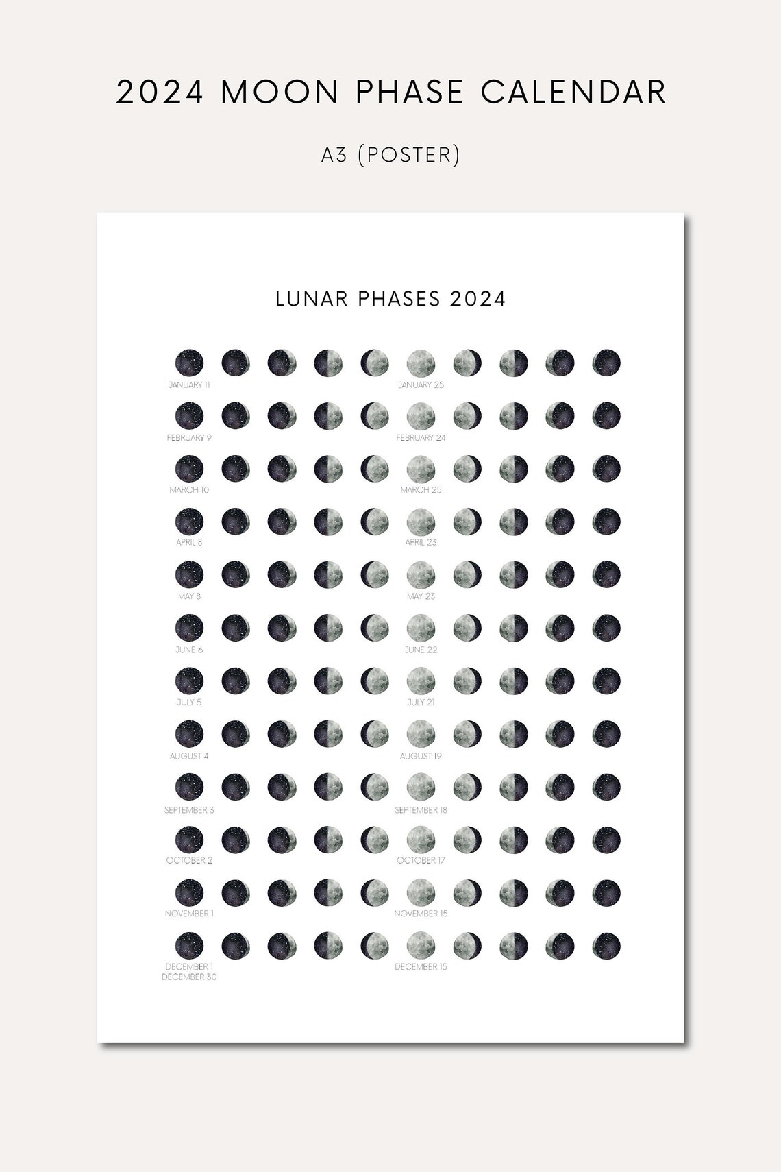 Printable Moon Phase Calendar 2024 Download Moon Phase Poster Printable