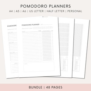 Könnte beinhalten: Ein Satz von drei druckbaren Pomodoro-Planerseiten in Schwarzweiß. Die Seiten sind für die Produktivität konzipiert und verfügen über Abschnitte für Aufgaben, Pausen und Notizen. Der Text "POMODORO PLANNER" befindet sich oben auf der Seite.