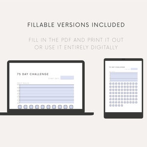 Pu&ograve; includere: Un'illustrazione digitale di un laptop e un tablet che mostrano un tracker di sfida di 75 giorni. Il tracker include una sezione per le regole giornaliere e una griglia di quadrati per segnare ogni giorno.