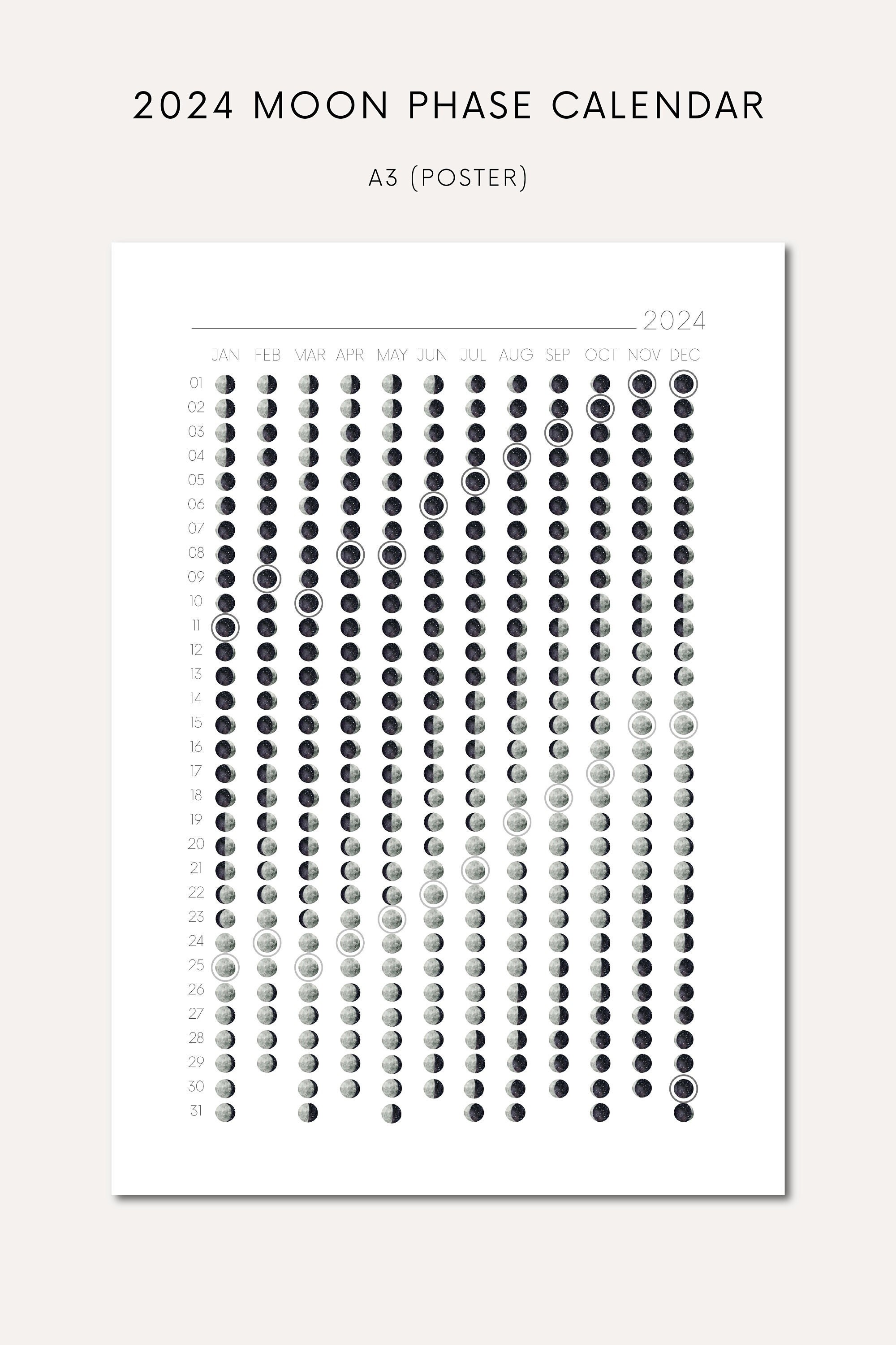 Printable Moon Phase Calendar 2024 Download Moon Phase Poster Printable Moon Phases Poster 2024