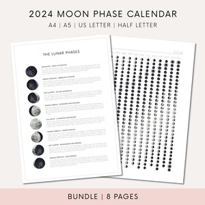 Könnte beinhalten: Ein druckbarer Mondphasenkalender für 2024 im Schwarzweiß-Design. Der Kalender enthält eine Tabelle der Mondphasen mit Beschreibungen der einzelnen Phasen. Der Kalender ist in den Formaten A4, A5, US Letter und Half Letter erhältlich.