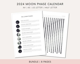 May include: A printable 2024 moon phase calendar with a black and white design. The calendar includes a chart of the lunar phases with descriptions of each phase. The calendar is available in A4, A5, US Letter, and Half Letter sizes.