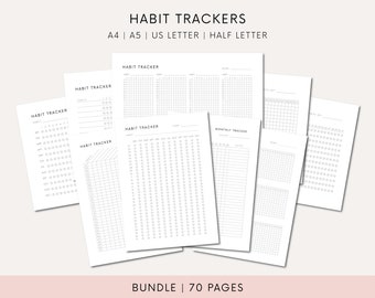 May include: A set of printable habit tracker pages in black and white. The pages are designed for use with a variety of sizes of paper, including A4, A5, US Letter, and Half Letter. The pages include a variety of layouts for tracking habits, including daily, weekly, and monthly trackers. The text "HABIT TRACKERS" is at the top of the page, and the text "BUNDLE | 70 PAGES" is at the bottom of the page.