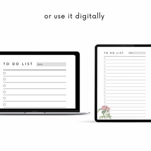 Könnte beinhalten: Eine digitale To-Do-Listenvorlage, die auf einem Laptop- und einem Tablet-Bildschirm angezeigt wird. Die Vorlage hat ein einfaches Design mit einem Schwarz-Weiß-Farbschema. Der Text "TO DO LIST" befindet sich oben auf der Vorlage, gefolgt von einer Zeile für das Datum. Die Vorlage enthält eine Liste leerer Kreise zum Abhaken von Aufgaben.