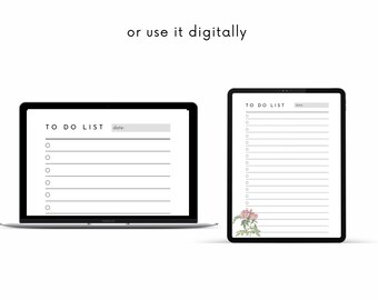 Puede incluir: Una plantilla de lista de tareas digital que se muestra en la pantalla de una computadora portátil y una tableta. La plantilla tiene un diseño simple con un esquema de color blanco y negro. El texto "TO DO LIST" está en la parte superior de la plantilla, seguido de una línea para la fecha. La plantilla tiene una lista de círculos vacíos para marcar las tareas.