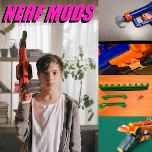 May include: Image features a collage of Nerf mods and accessories. A boy holds a red and black modified Nerf gun. Other images show blue and orange blasters, green accessories, and a girl holding an orange blaster. Text reads "NERF MODS" and "ACTION ACCESSORIES PACK."