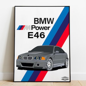 May include: A white poster featuring a grey BMW M3 E46 car illustration. The car is set against a diagonal stripe background with red, blue and white stripes. The text "BMW M Power E46" is in black text at the top of the poster.