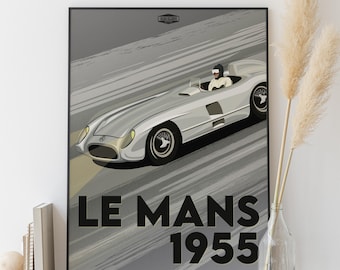 Mercedes 300 SLR poster, Le Mans 1955, vintage automotive illustration