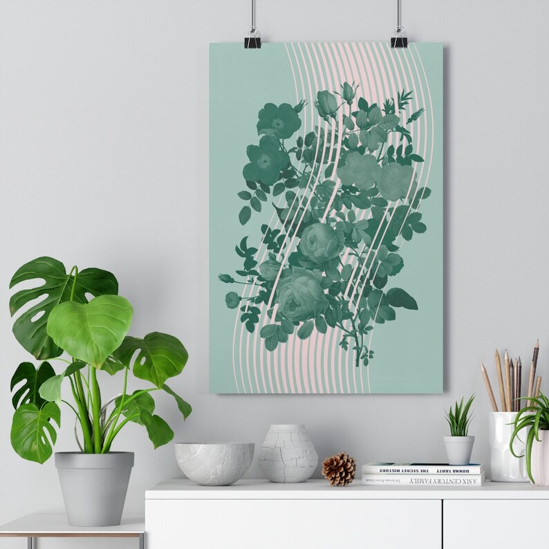 Green Roses Art Print Blush Pink Wall Art Mint Green and Etsy
