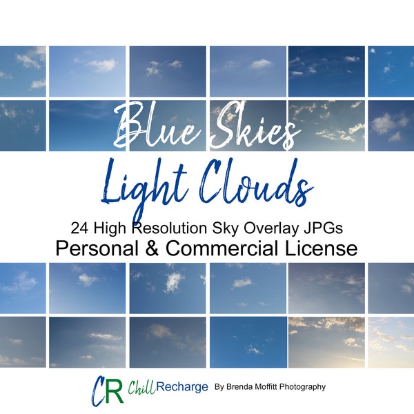 Blue Skies White Clouds Light Cover 24 JPG Commercial License 300 dpi Natural Sky Replacement Digital Photo Portrait Real Estate California