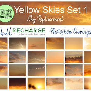 Op de afbeelding: Vierentwintig gele hemel-overlays voor Photoshop. Deze digitale overlays zijn perfect om een warme zonsondergangsgloed aan je foto's toe te voegen. Chill Recharge Photoshop Overlays door Brenda Moffitt Photography.