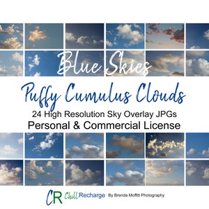 Puede incluir: Un collage de 24 imágenes de alta resolución de nubes cúmulos esponjosas contra un cielo azul. Las imágenes están dispuestas en una cuadrícula y etiquetadas "Blue Skies Puffy Cumulus Clouds 24 High Resolution Sky Overlay JPGs Personal & Commercial License CR Chill Recharge By Brenda Mofitt Photography".